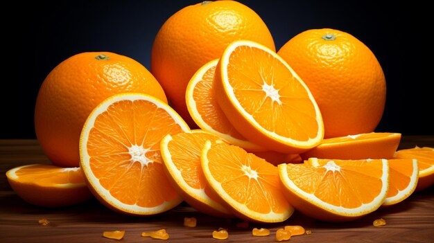 fruta laranja com respingos e fatias em um fundo preto