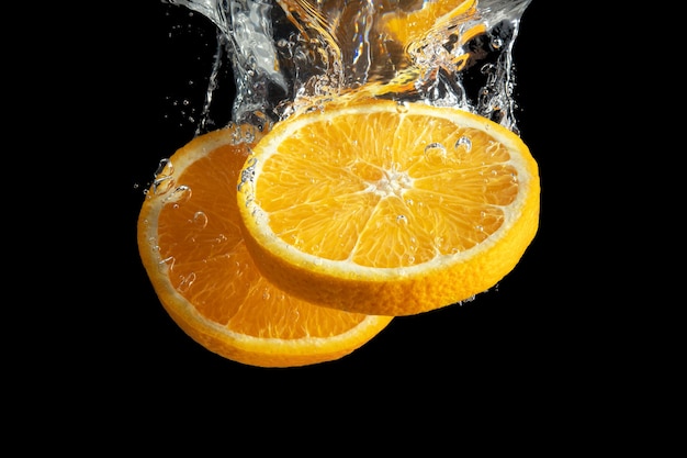 Fruta laranja em fatias frescas em respingos de água isolados no preto.