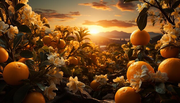 Foto fruta laranja fresca em um pôr do sol vibrante, uma delícia saudável e orgânica gerada pela inteligência artificial