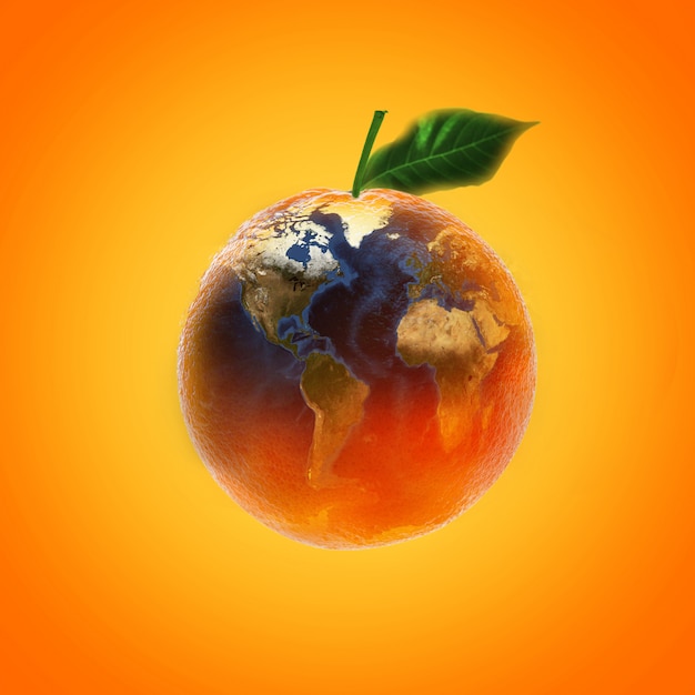 Fruta laranja madura fresca com fonte de imagem de mapa-múndi da nasa