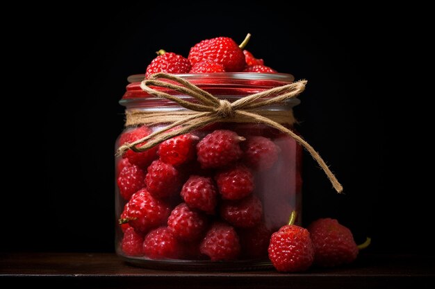 Fruta de lichi expuesta en un frasco de vidrio con una cinta atada a su alrededor