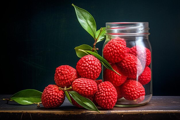 Fruta de lichi en un frasco de vidrio para el concepto de conservación