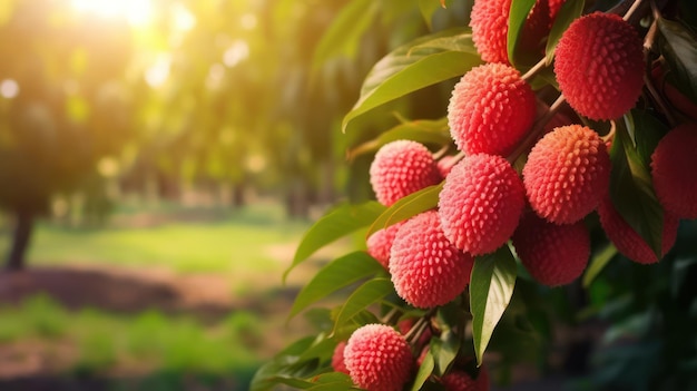 fruta de lichi en rama con fondo natural borroso