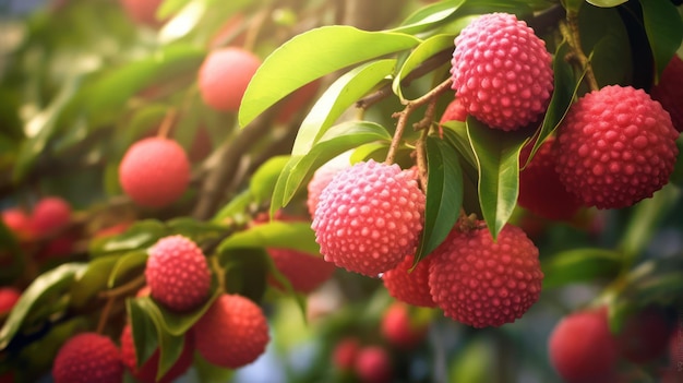 fruta de lichi en rama con fondo natural borroso