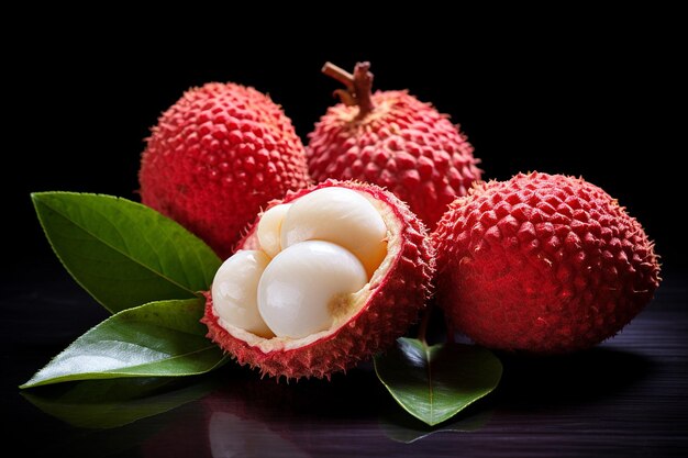 Fruta de lichi en rodajas abiertas que muestran la carne jugosa