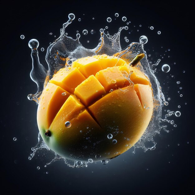 Fruta de mango con salpicaduras de agua en fondo oscuro renderización 3D
