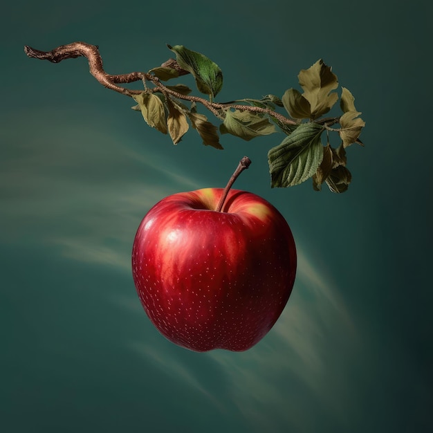 Fruta de manzana fresca volando en el restaurante de fondo del estudio y fondo del jardín