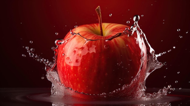 Fruta de manzana roja fresca con salpicaduras de agua sobre ella IA generativa