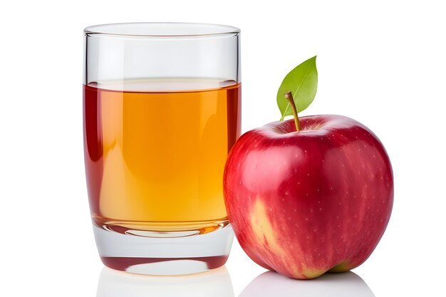 La fruta de manzana roja fresca y un vaso de jugo de manzana aislaron un fondo transparente