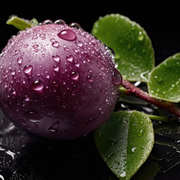 Una fruta morada con gotitas de agua