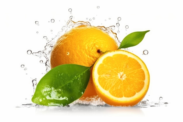 Fruta de naranja fresca aislada con hojas cortadas y verdes sobre un fondo blanco creada con tecnología Generative Ai
