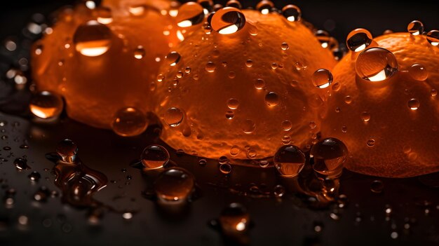 Fruta naranja fresca con salpicaduras de agua y gotas sobre fondo negro