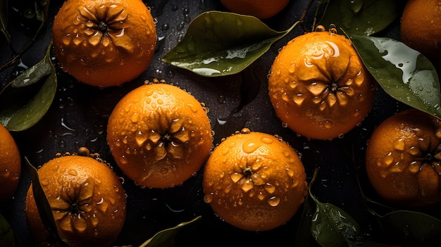 Fruta naranja fresca con salpicaduras de agua y gotas sobre fondo negro