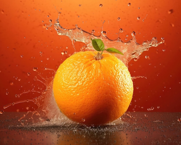 Fruta naranja fresca volando en el restaurante de fondo de estudio y fondo de jardín