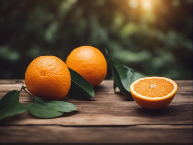 Foto una fruta de naranja en una mesa de madera