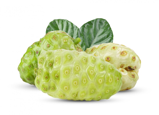 Fruta de noni con hoja en blanco