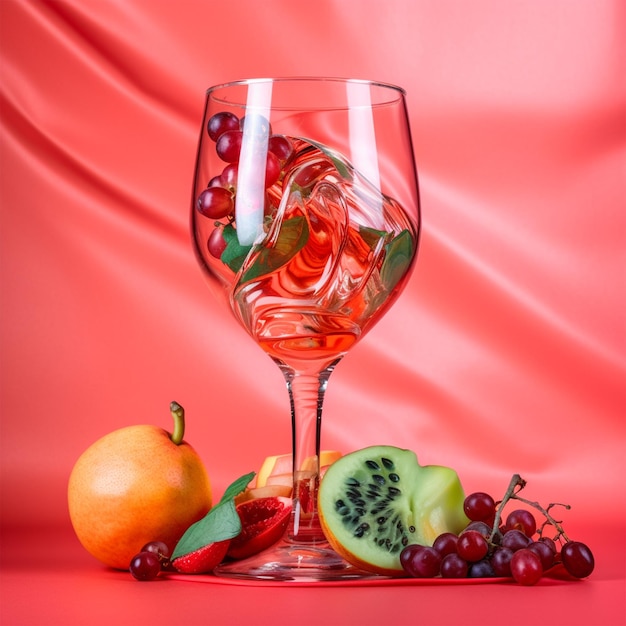 Fruta num copo sobre um fundo rosa