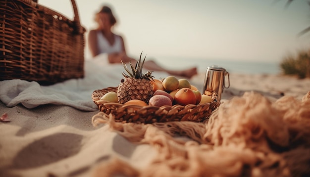 Fruta orgánica fresca en cesta de picnic de mimbre generada por IA