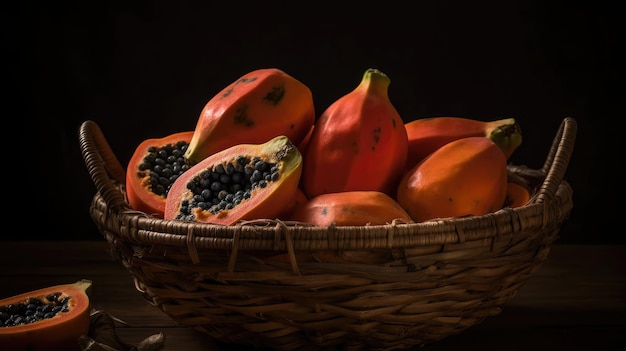 Fruta de papaya en una canasta de bambú con fondo borroso