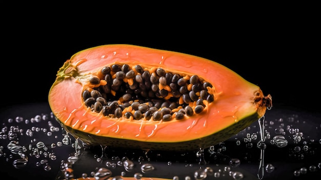 Fruta de papaya sobre un fondo negro con gotas de agua IA generativa