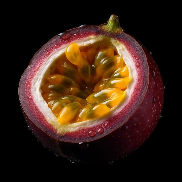 Una fruta de la pasión con el interior de la misma