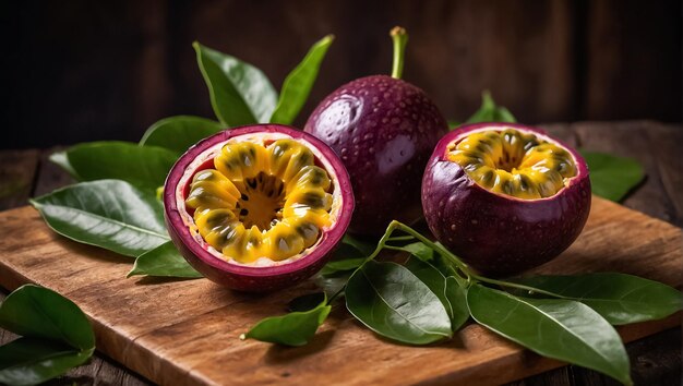 Fruta de la pasión madura sobre un fondo de madera