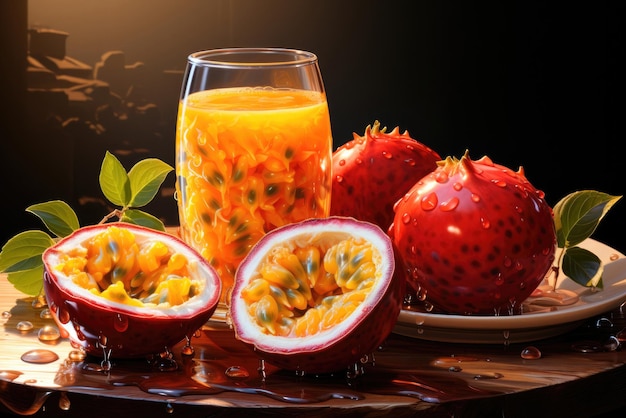 Fruta de la pasión orgánica fresca y un vaso de jugo de ella en una mesa de madera