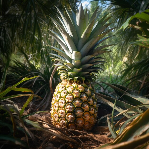 La fruta de la piña en el papel tapiz del bosque