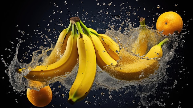 Foto fruta de plátano ecológica fresca y madura que cae en el agua y salpica