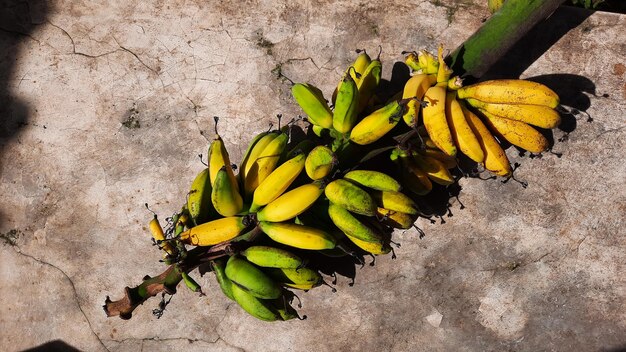 Fruta de plátano con racimo de plátanos amarillos maduros, fondo de pared de cemento 01