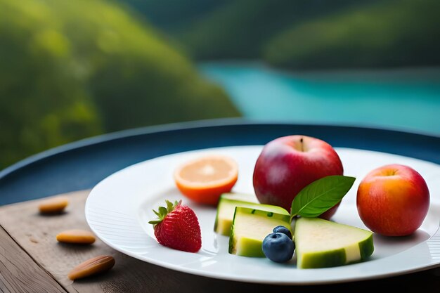 Foto fruta en un plato con un lago en el fondo