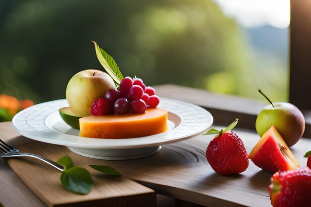 fruta en un plato con una vista de la montaña en el fondo