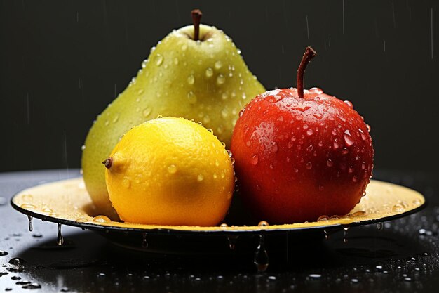 Una fruta que está en un plato con la lluvia cayendo sobre ella