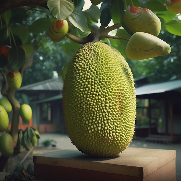 Una fruta que está sobre una mesa.