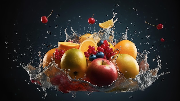 Fruta en un recipiente con salpicaduras de agua