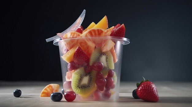 Fruta en rodajas en una taza transparente comida saludable