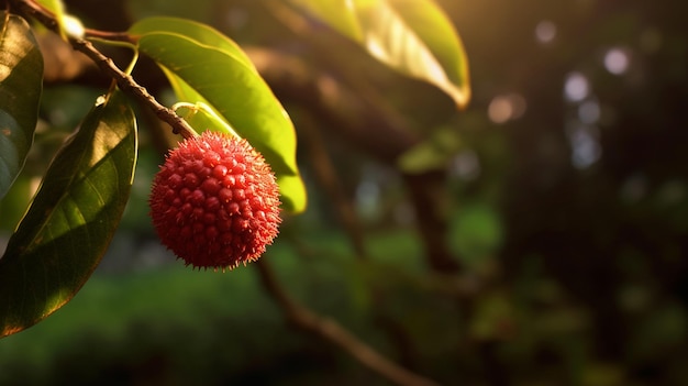 Una fruta roja en un árbol con el sol brillando sobre ella