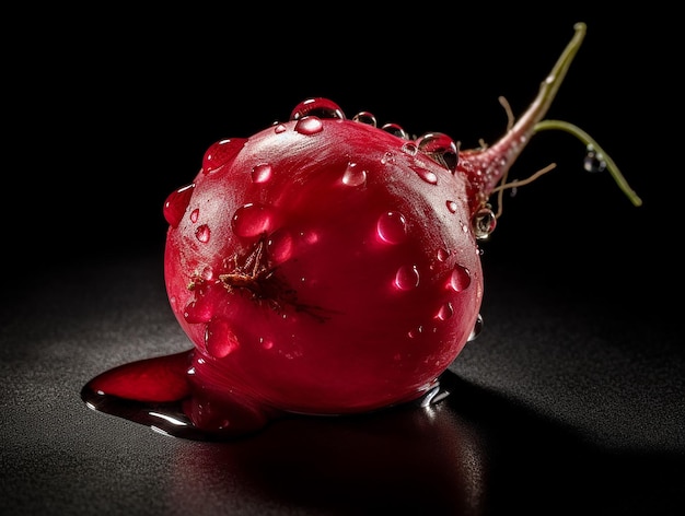 Una fruta roja con gotas de agua