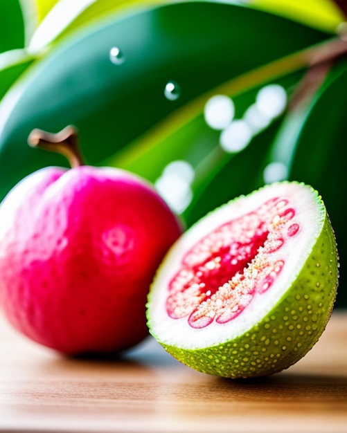 Una fruta rosa con fondo verde y una fruta rosa en el fondo.