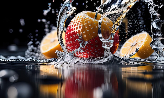 Una fruta salpicada de agua con una manzana roja en el aire.