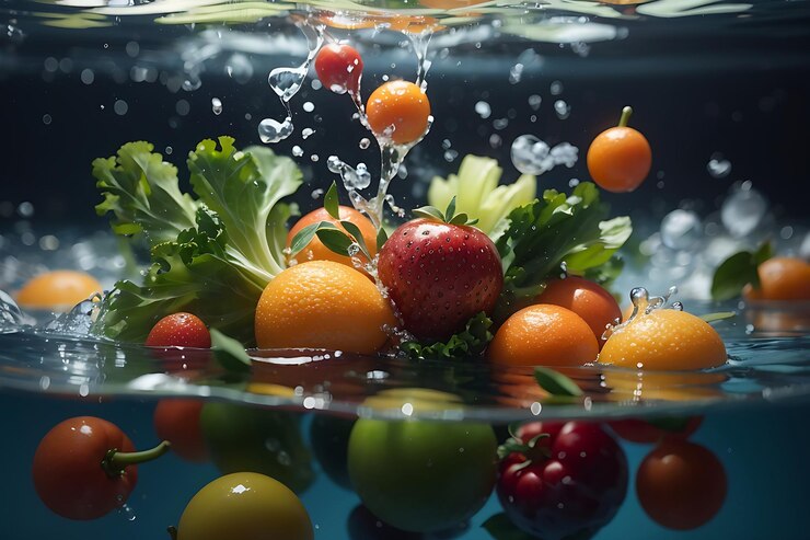 Fruta salpicada en el agua