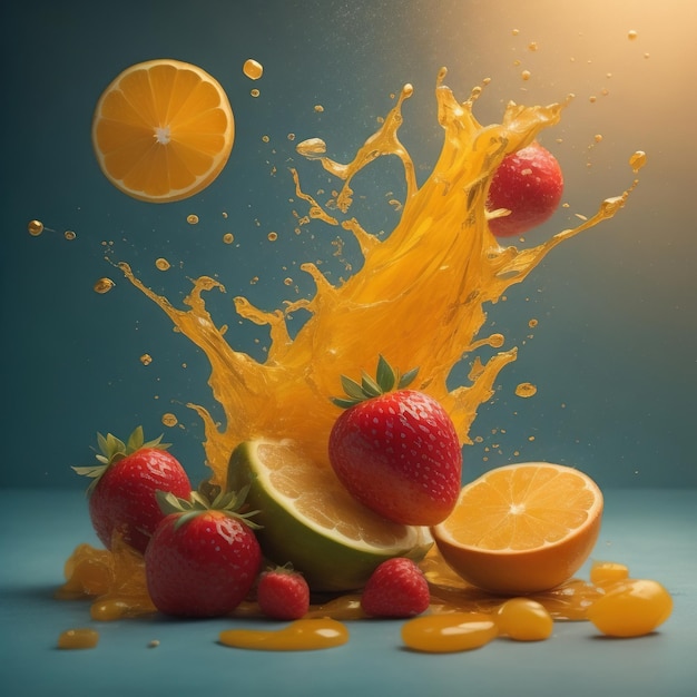 Una fruta salpicada de jugo de naranja