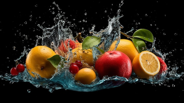 Fruta salpicando agua sobre un fondo negro generativo ai