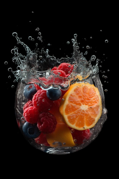 Una fruta salpicando en un vaso de agua.