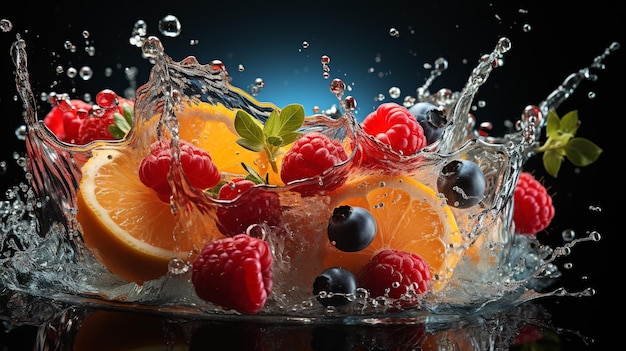 Una fruta salpicando en un vaso lleno de agua.