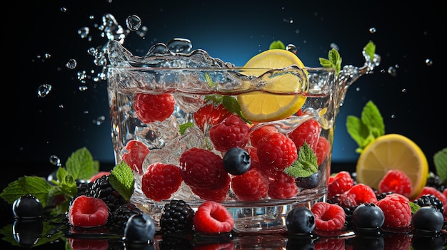 Una fruta salpicando en un vaso lleno de agua.