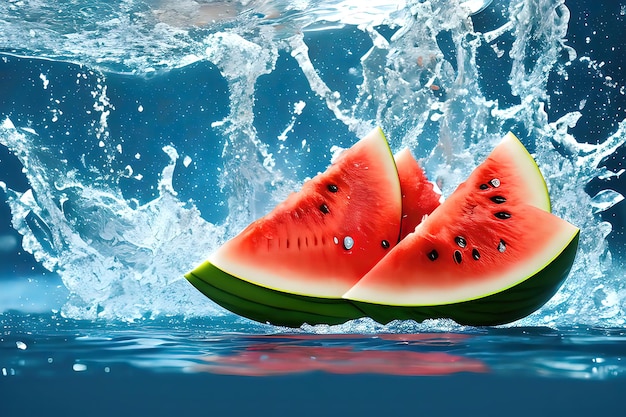 Fruta de sandía en salpicaduras de agua realista