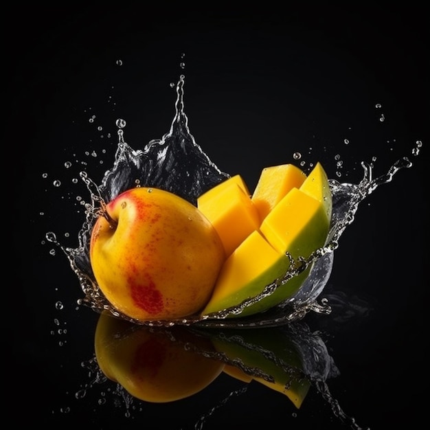Fruta sendo jogada em um esguicho de água com um fundo preto.