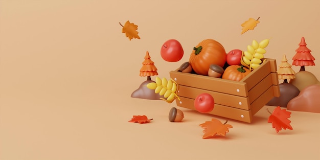 Foto fruta de la temporada de otoño 3d con concepto de canasta de otoño invierno y al aire libre copia de texto de espacio 3d