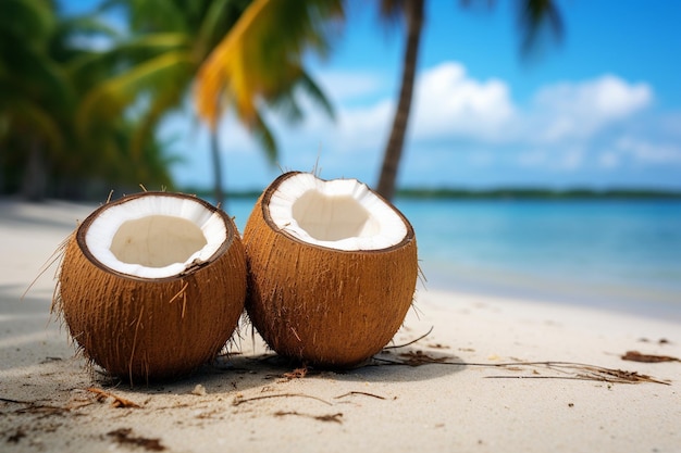 Fruta tropical de coco en el fondo del agua de la playa de arena